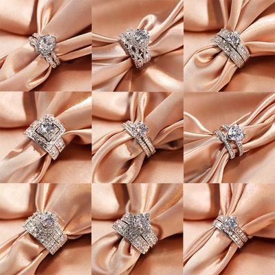 2024 Hot Sale Hot Sale 2pcs Ring Set Geometric Zircon Double Layer Women's Ring Engagement Bridal Jewelry Couple 925 Silver Ring