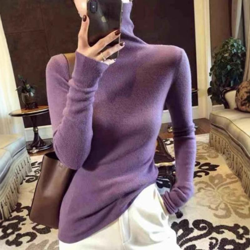 Women's High Neck Knitted Base Sweater Women's Autumn and Winter Pile Neck Thin Sweater