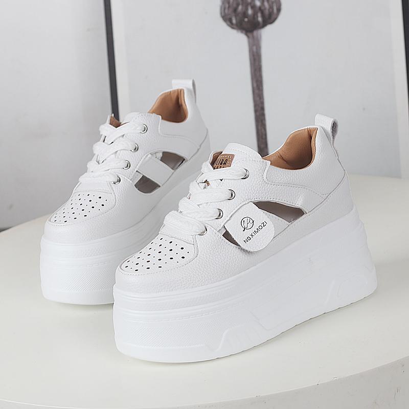 Fashion 12CM Genuine Leather Vulcanized Platform Wedge Casual Women Summer Shoes Fashion Sneakers Hollow Heels Increase Shoes