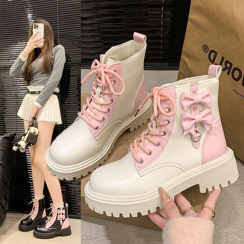 Women's Pink Bow Heart Martin Boots - Trendy 2025 Platform Ankle Boots for Spring & Autumn