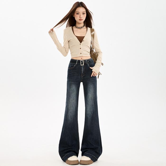 Blue-gray denim flared pants women's summer new design feeling same color belt elastic micro-pull pants