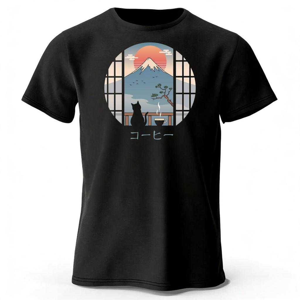 New Japanese Style Fuji Mountain Print Mens Pure Cotton Sports Running Fitness Short Sleeved Simple Style Plus Loose Tshirt