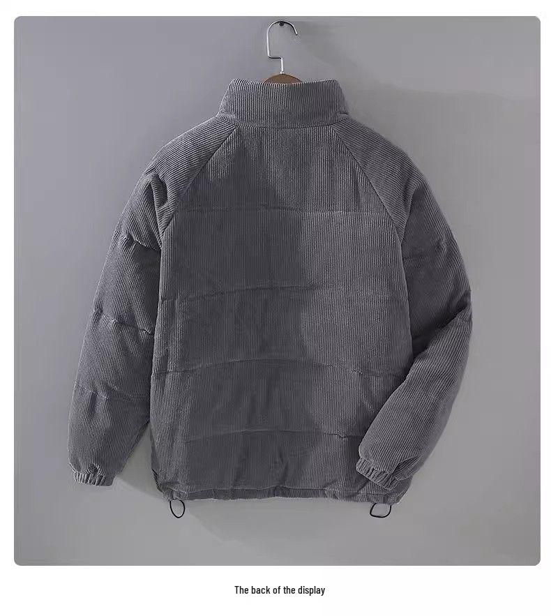 Men's Solid Color Retro Corduroy Down Jacket - Stand-up Collar Warm Cotton-padded Outerwear