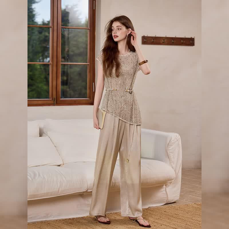 Sequined Hollow-Out Sleeveless Three-Piece Set