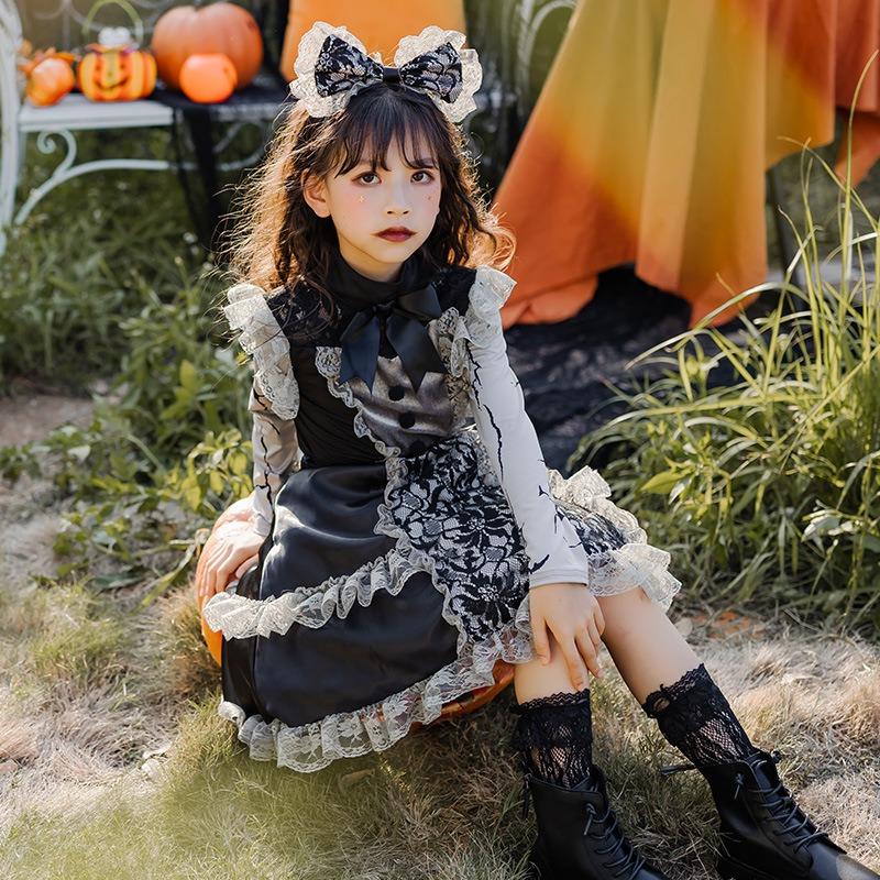 Halloween costume children loli lace dress dark goth witch girls lolita maid