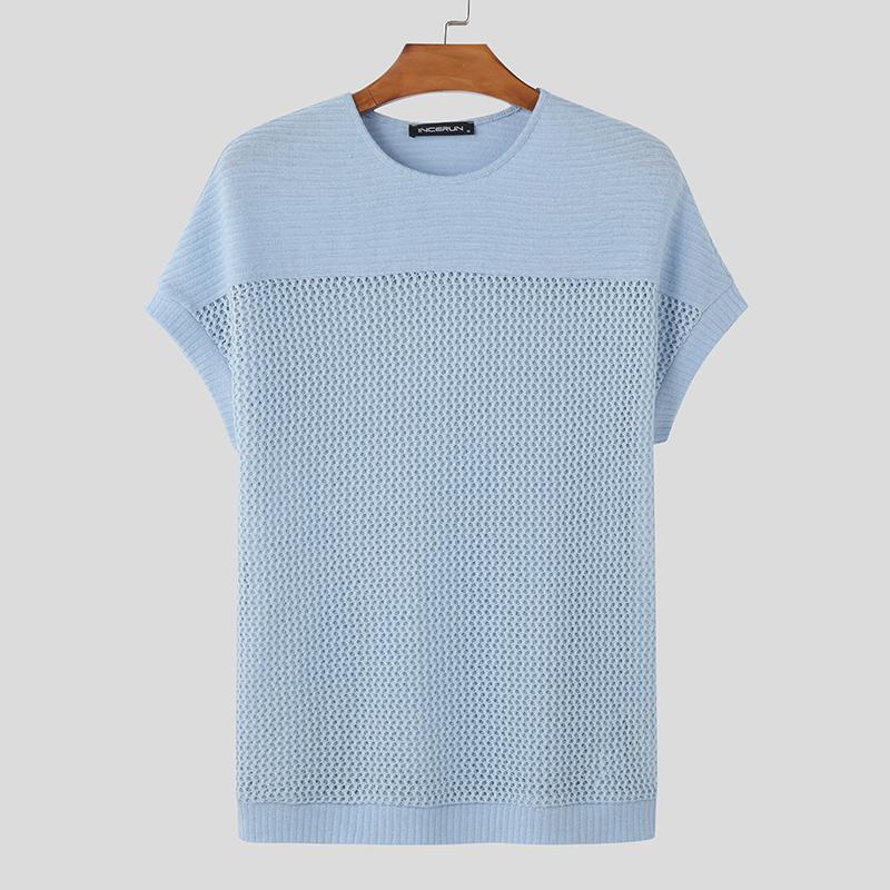 INCERUN Summer Men O Neck Short Sleeve Hollow Out Patchwork Casual T-shirts Tee