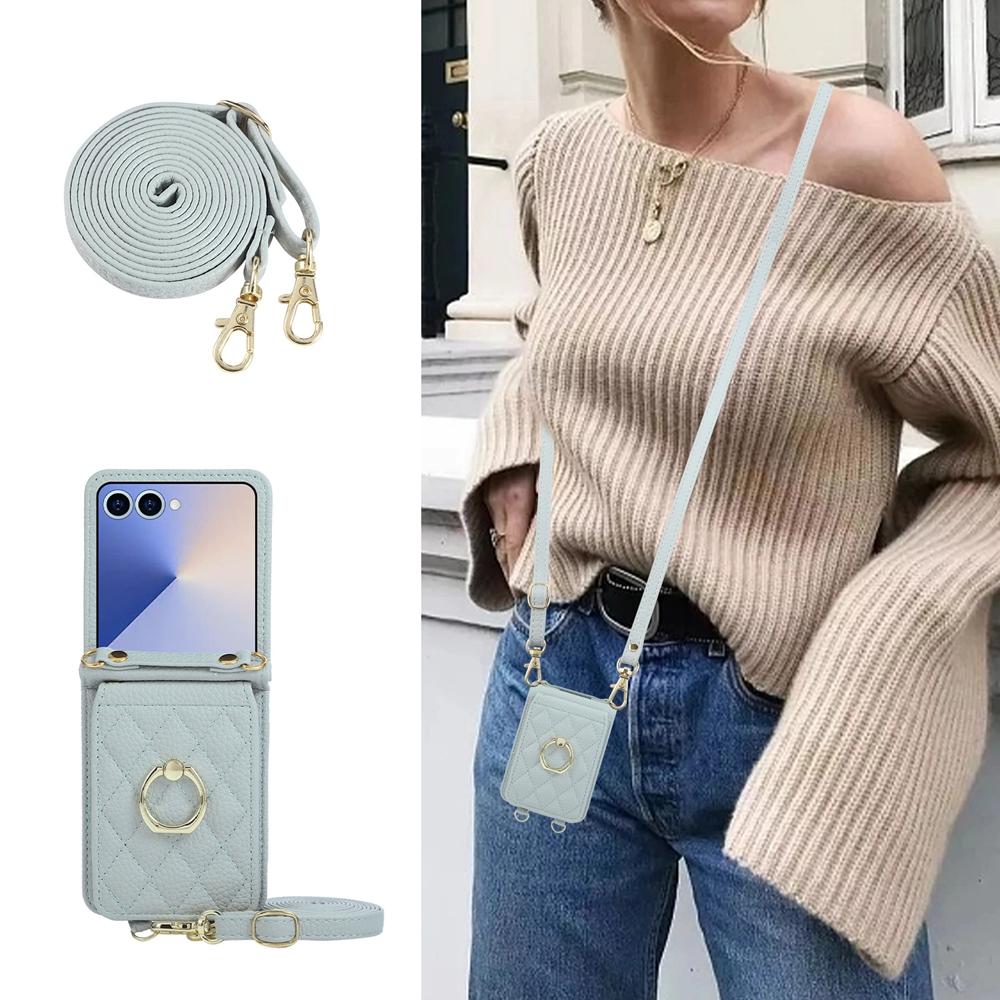 Grid Crossbody Phone Case for Samsung Z Flip 7 6 5 4 3 Flip7 Flip6 Flip5 Flip4 Flip3 Phone Cover Lanyard Phone Case Cards Slots