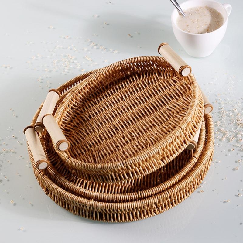Hand-woven Storage Basket Rattan Tray for Countertop Shelves Fruit Tea Snack Bread Basket with Handle Kitchen Bedroom