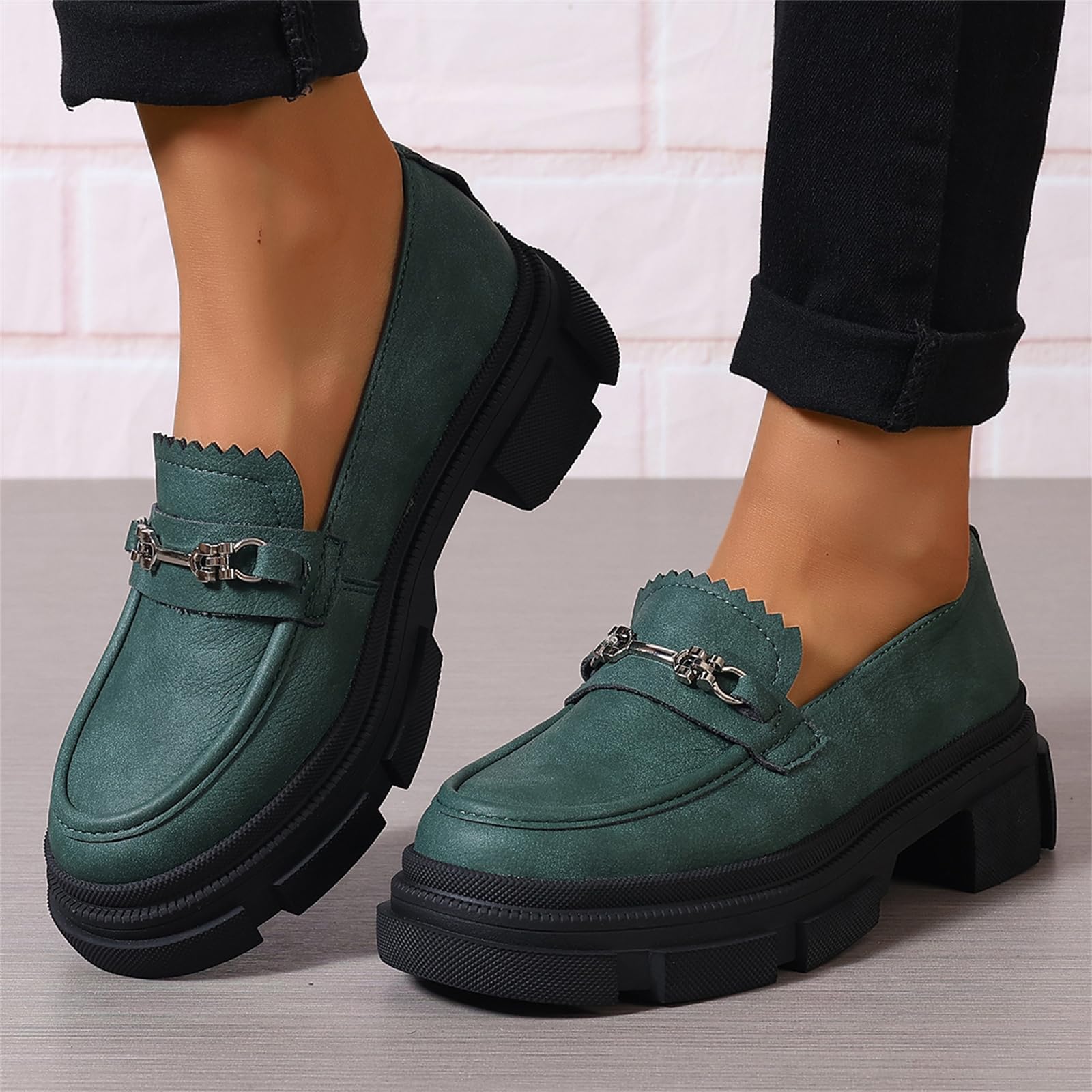 

Loafers For Women Chunky Heel Lug Sole Shoes Business Work Dressy Loafers With Chain Work Shoes Comfort Vintage Oxford Round Toe Oxfords 43 зелений