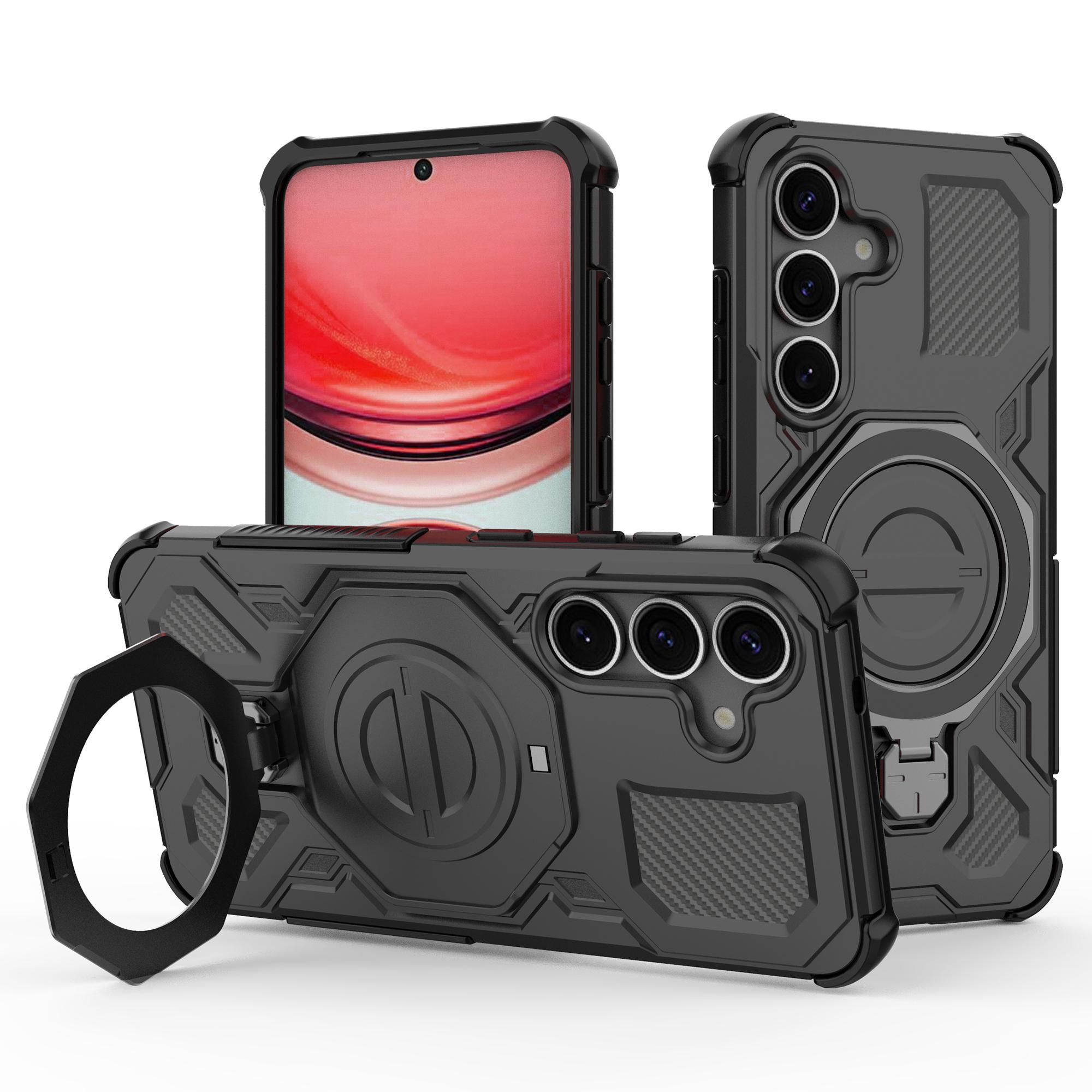

For Samsung Galaxy S25 Magnetic Case Rotating Metal Kickstand PC+TPU Phone Back Cover Black