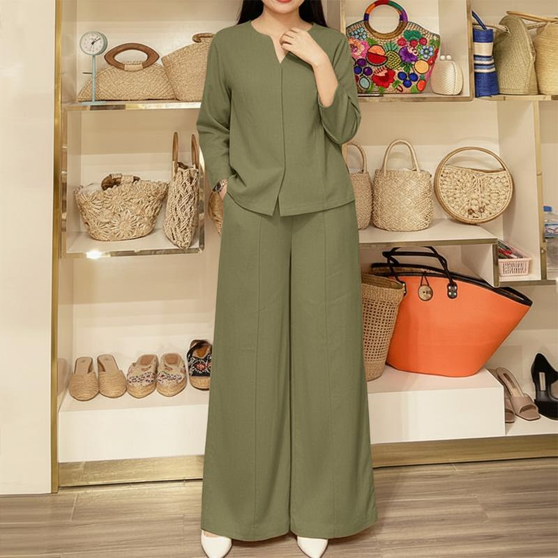 ZANZEA Women Casual Long Sleeve Blouse and Pants Two Piece Suit Sets