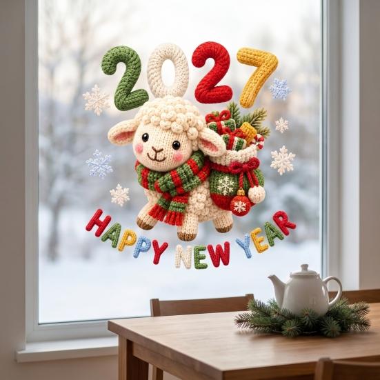 Decorative Glass Clings Happy New Year Window Cling, 2027 Crochet Sheep Snowflake Static Glas Sticker, Reusable Christmas Holiday Decoration