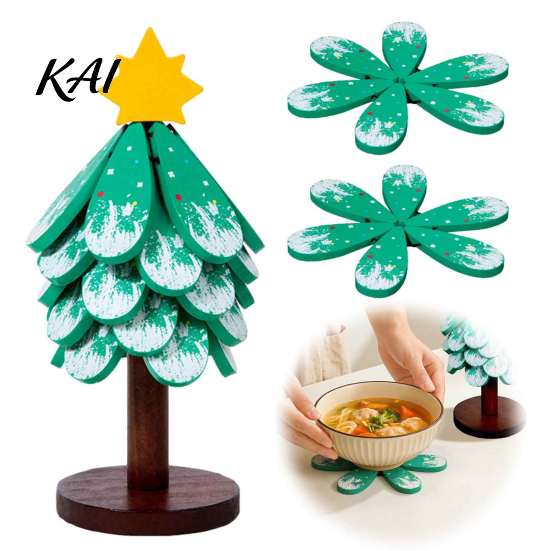 Decorative Wooden Tray for Holiday Table Tree-Shaped Trivets with Storage Stand, Collapsible Heat Resistant Natural Wood Insulation Pad Dishes