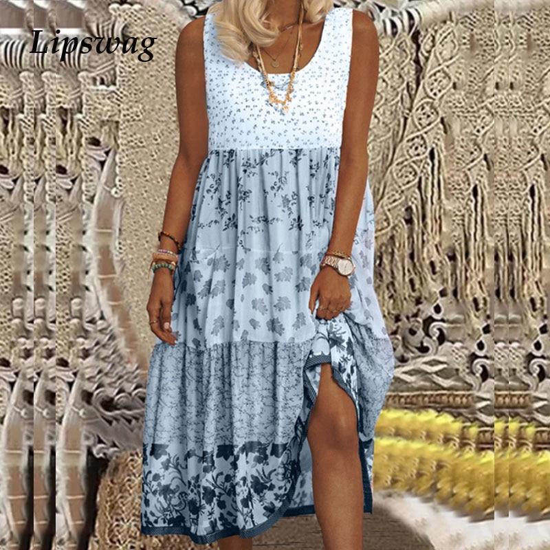 Sommer Damen Vintage Strandkleider Elegant O-Ausschnitt Ärmellos Locker Midi-Kleid Damen Lässig Patchwork Partykleid