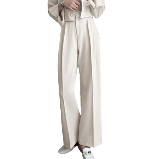 Women Pants High Waist Button Zipper Closure Casual Wide Leg Solid Color Trousers