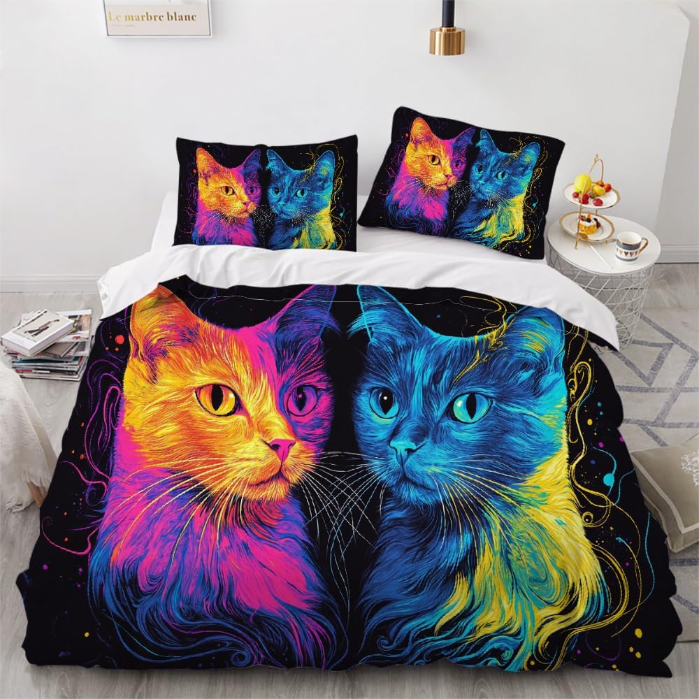 Colorful Graffiti Cat Duvet Cover 2 Pieces,Soft Bedding Set, Abstract Art Duvet Cover Set With Zipper Closure And Pillowcases