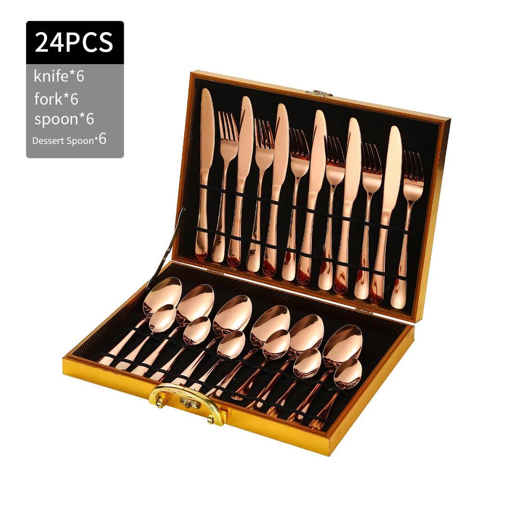 Golden Wooden Box Stainless Steel Cutlery Set - Steak Knife, Fork, Spoon for Western Dining