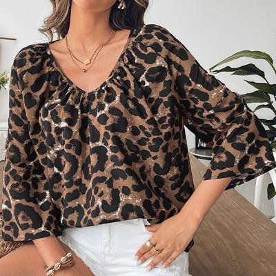 Women's V Neck Three Quarter Sleeve Blouse Loose Fit Casual Leopard Print Shirt