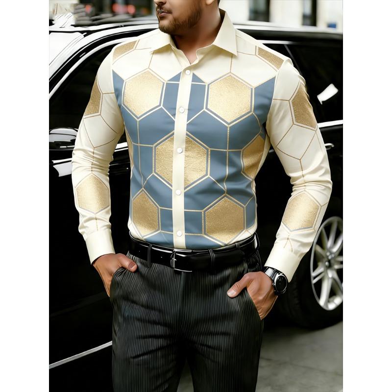 New 11 Color Men's Long Sleeved Shirt with Gold 3D Printing, Fashionable Color Block Pattern, Luxurious Shirt Style