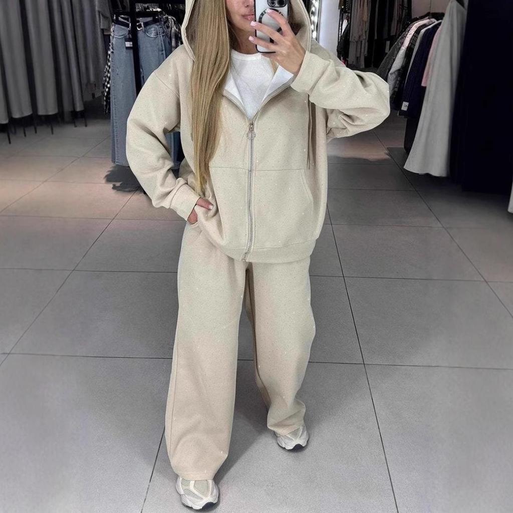 Europejski i Amerykański Zestaw Dwuczęściowy: Bluza z Kapturem i Szerokie Spodnie - Damski Casualowy Zestaw Sportowy na Jesień/Zimę z Zamkiem Błyskawicznym i Pełnym Detalingiem z Kryształków