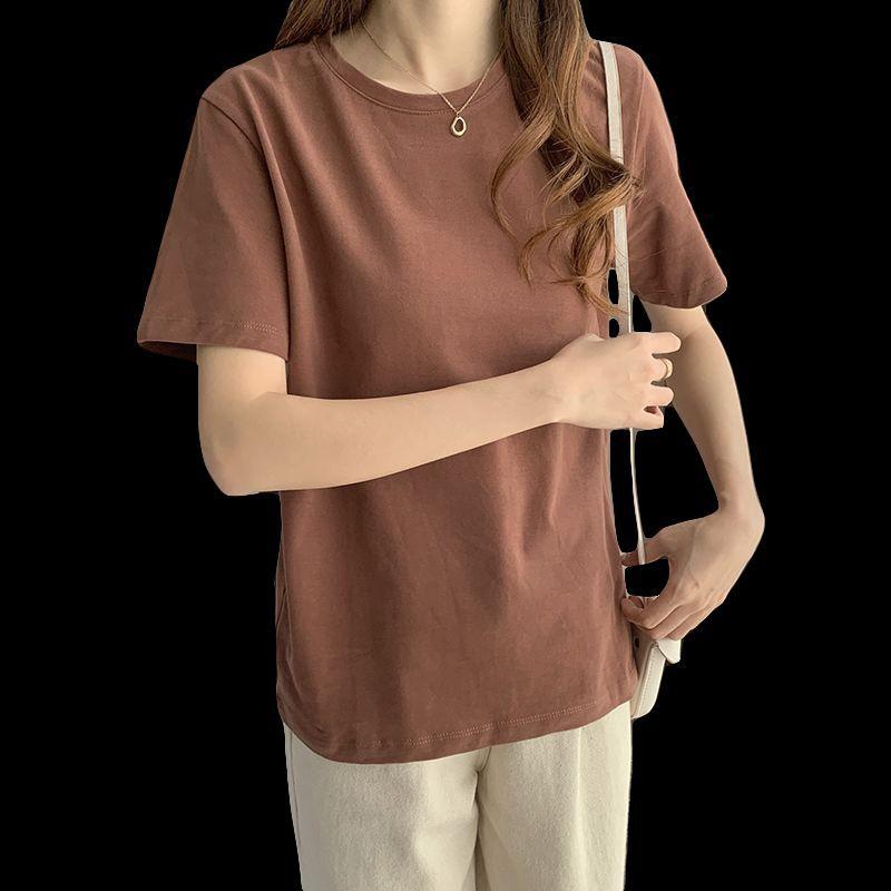Koreanische Version Einfarbig Retro Kurzarm-T-Shirt für Damen Neu Vielseitig Locker Studenten Slim Casual Oberteil