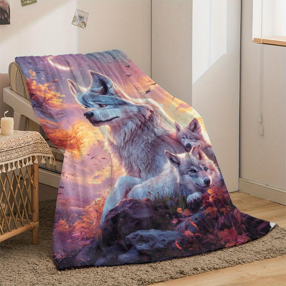 Custom Wolf Family Blanket Sunset Moon Forest Design Personalized Name Fleece Throw All Season Soft Warm Bedding Home Decor Gift