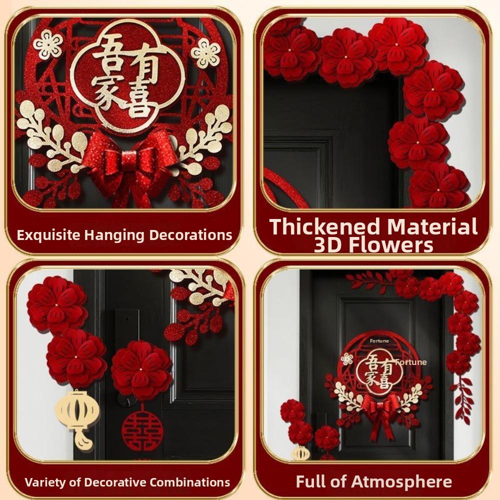 Red Flower Garland Wedding Door Hanging Chinese Double Happiness Sign Home Entrance Decor