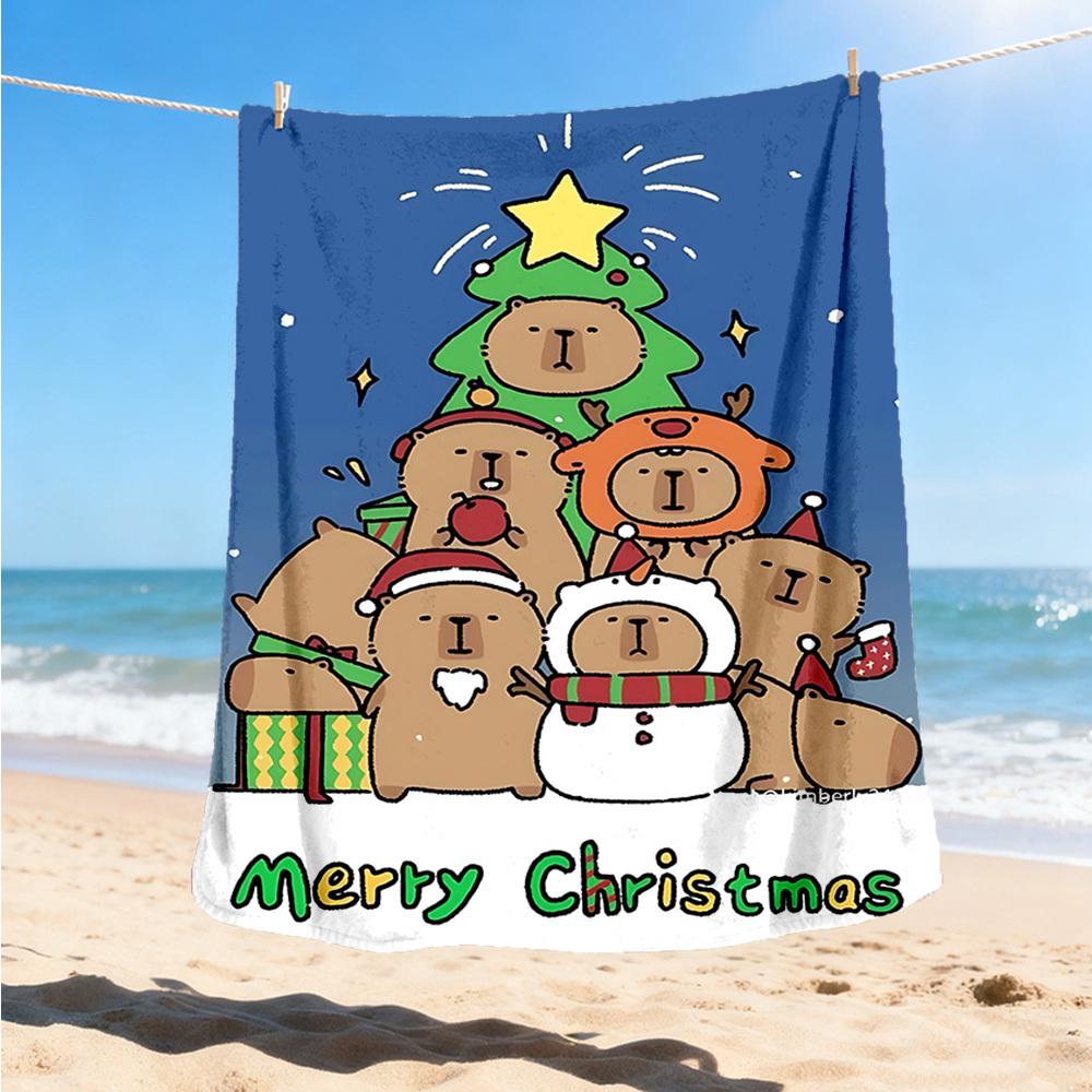 1pc Christmas Capybara Throw Blanket Polyester Fiber, Lightweight Flannel, Soft & Warm, All Season Use for Outdoor, Camping Digital Print