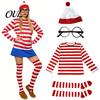 Costume Gioco di Ruolo per Bambini Adulti Halloween Camicia a Righe Rosse Bianche per Adulti Bambini, Occhiali da Secchione Outfit per Festival Cappello Incluso, Uomini Donne Bambini