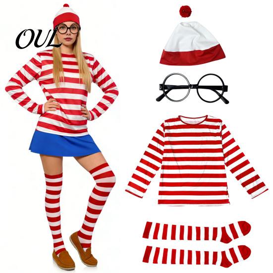 Costume Gioco di Ruolo per Bambini Adulti Halloween Camicia a Righe Rosse Bianche per Adulti Bambini, Occhiali da Secchione Outfit per Festival Cappello Incluso, Uomini Donne Bambini