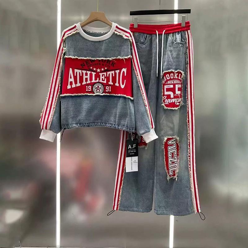 2026 Womens Vintage Streetwear Denim Tracksuit Oversized Letter Graphic Hoodie Wide Leg Pants Two Piece Set