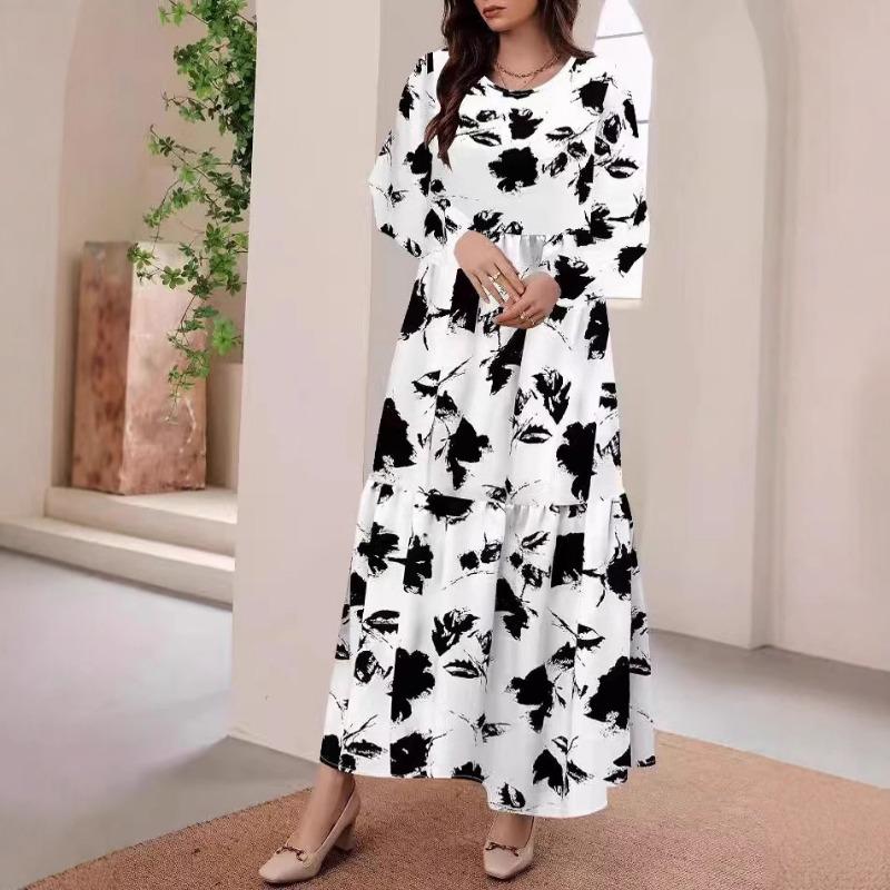 Women's Fashion Casual Printed Round Neck Long Sleeve Skirt Ladies Long Skirt Elegant Straight Dress