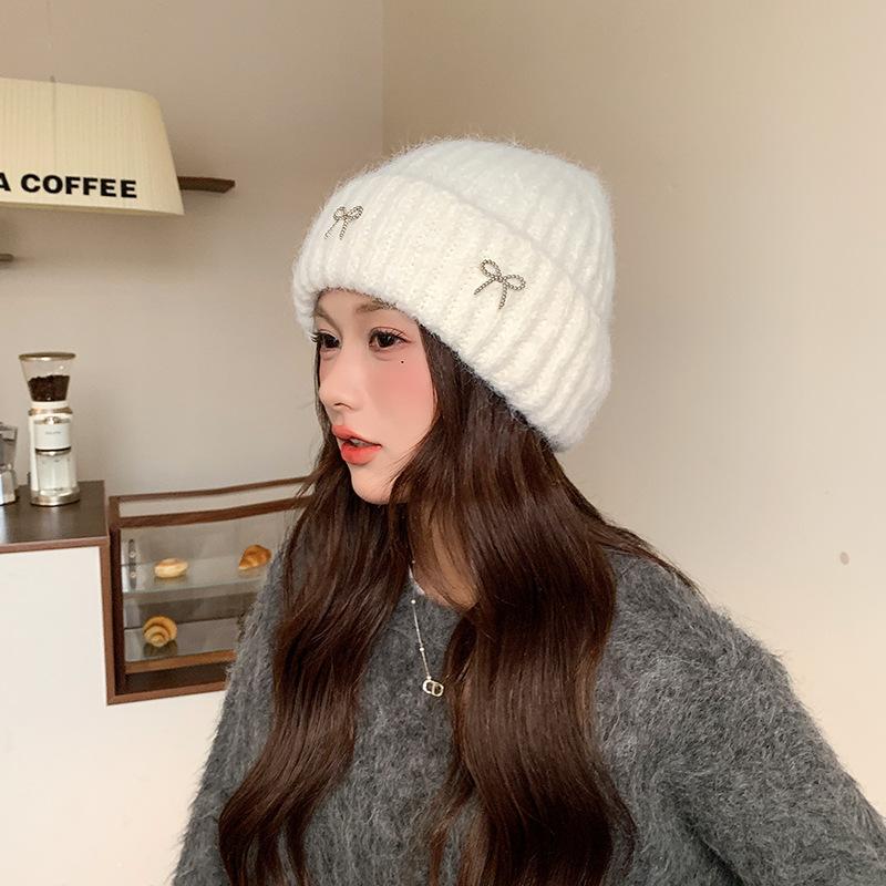 Korean Large Head Circumference Woolen Hat Winter Warm Hat Women's Bow Sweet Ear Protection Cold Pullover Knitted Hat