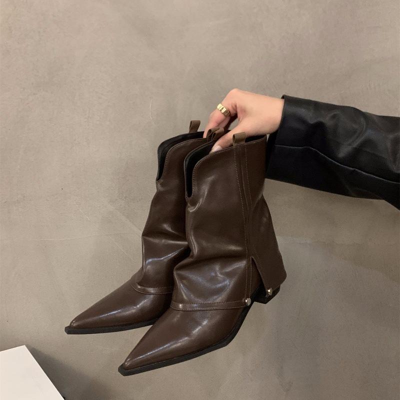 Women's Slouched Ruched Fold Over Boots Covered Heel Slouchy Ankle Boots Wide Calf Pointed Toe Casual Boots for Women Low Chunky Block Heel Booties