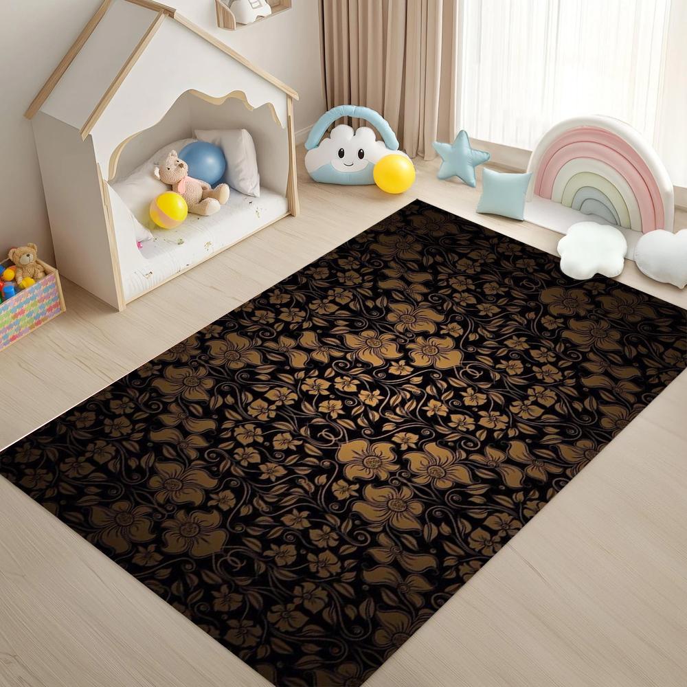 Black Gold Vintage Scroll Floral Pattern Carpet Luxury Elegant Style Easy Clean Rug for Living Room Bedroom Home Decor