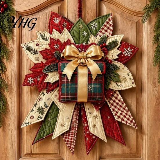 Artisan Fabric Christmas Decorations DIY Quilted Bow Sewing Craft Kit, Pre-cut Patchwork Sophisticated Crafting Set Set, Holiday Door Hanger for Wall