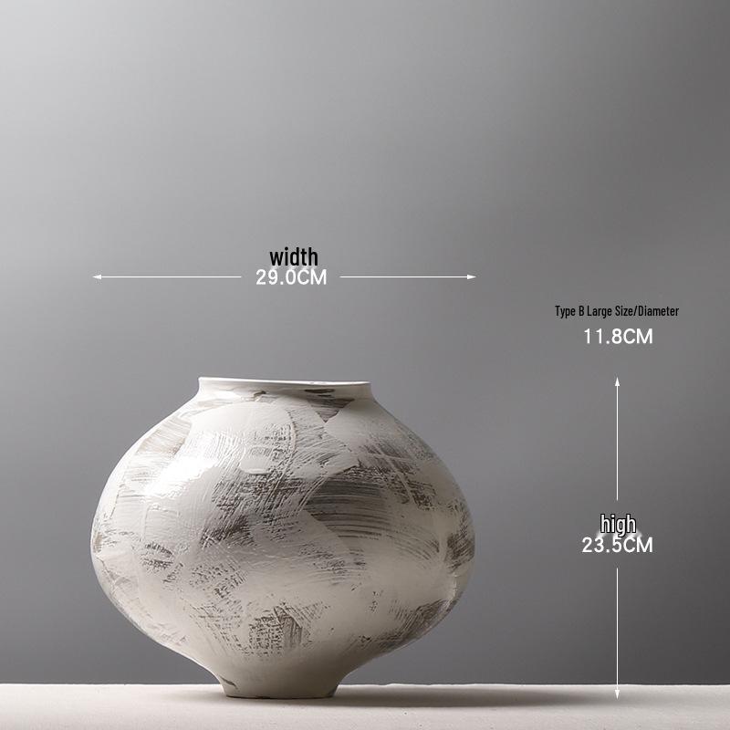 Large Modern Minimalist Chinese Zen White Glazed Art Pottery Vase with Hand-Painted Sweep Stroke Pattern