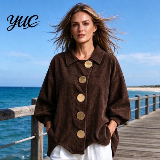 Lady Corduroy Jacket Women with Large Metal Buttons, Lantern Sleeve Casual Long Coat for Fall Winter, Loose Fit Oversized Collared Outerwear Warm