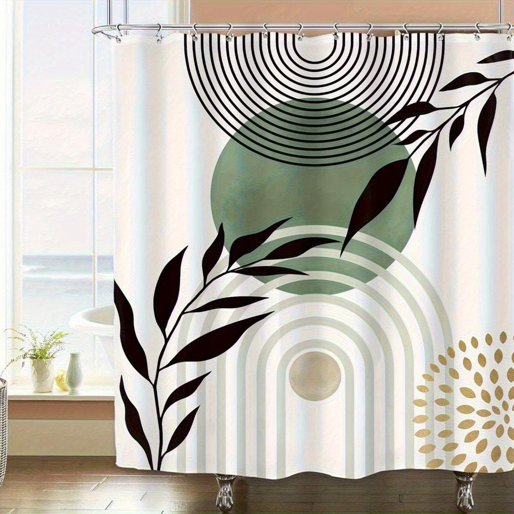 1pc 2D Flat Green And Golden Leaf Shower Curtain, Polyester Digital Printed Shower Curtain, No Drilling Bathroom Divider, Ideal
