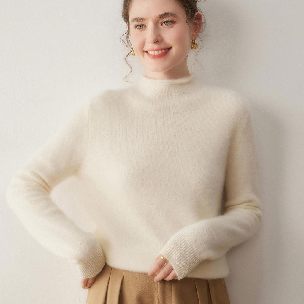 Women's Double-Strand Cashmere Wool Pullover with Rolled Hem