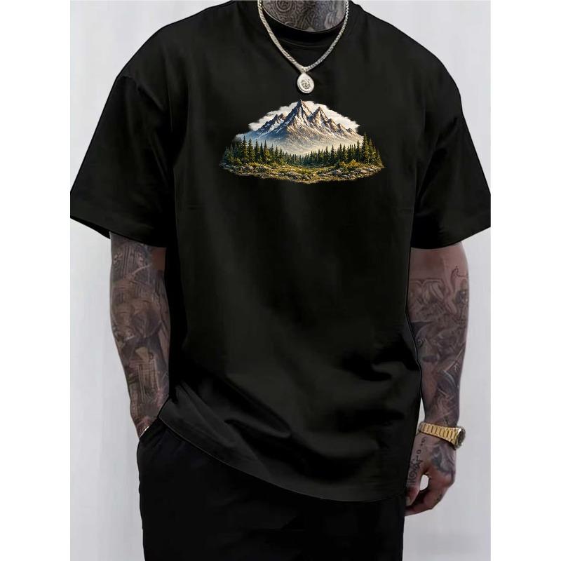 

European Size Men S Mountains And Their Reflections Graphic Print Crew Neck T-Shirt | Soft, Medium-Stretch Blend Fabric 4XL чорний