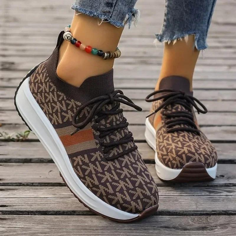

Fashion 2025 Women Wedges Sneakers Lace-Up Breathable Sports Shoes Casual Platform Female Footwear Ladies Vulcanized Shoes Zapatillas 36 коричневый