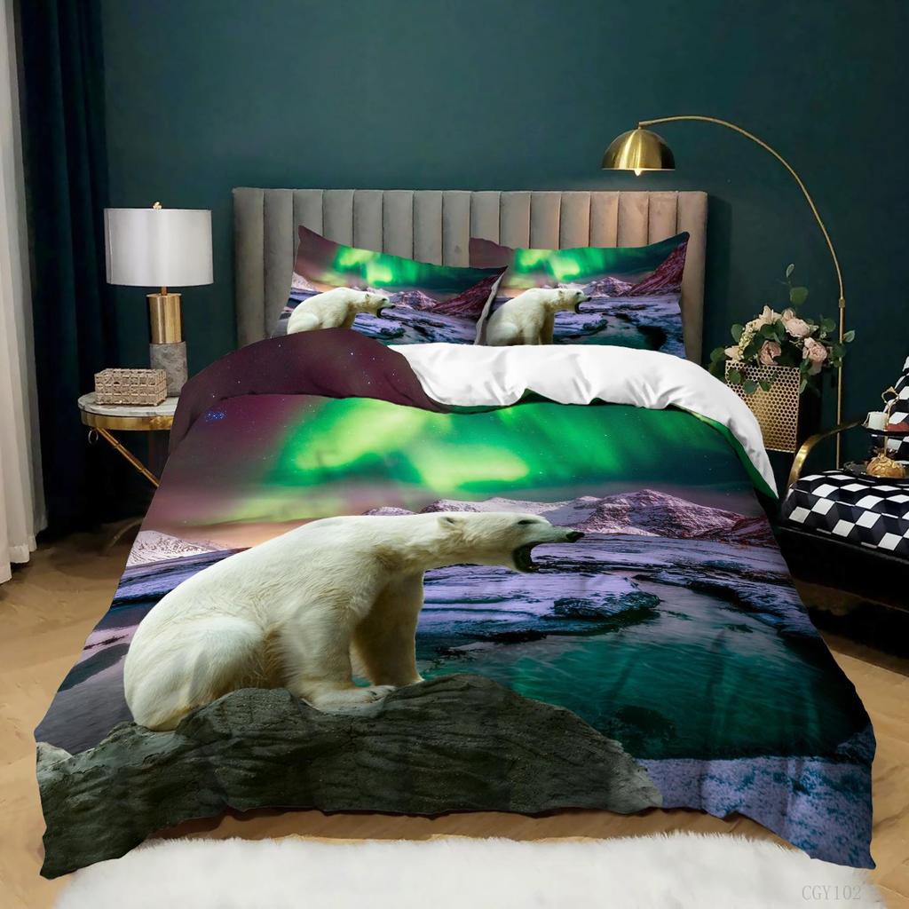 Aurora Borealis Polyester Bettbezug-Set Baum unter Magnetfeld der Natur mit Nordlichter-Landschaftsbild King Size