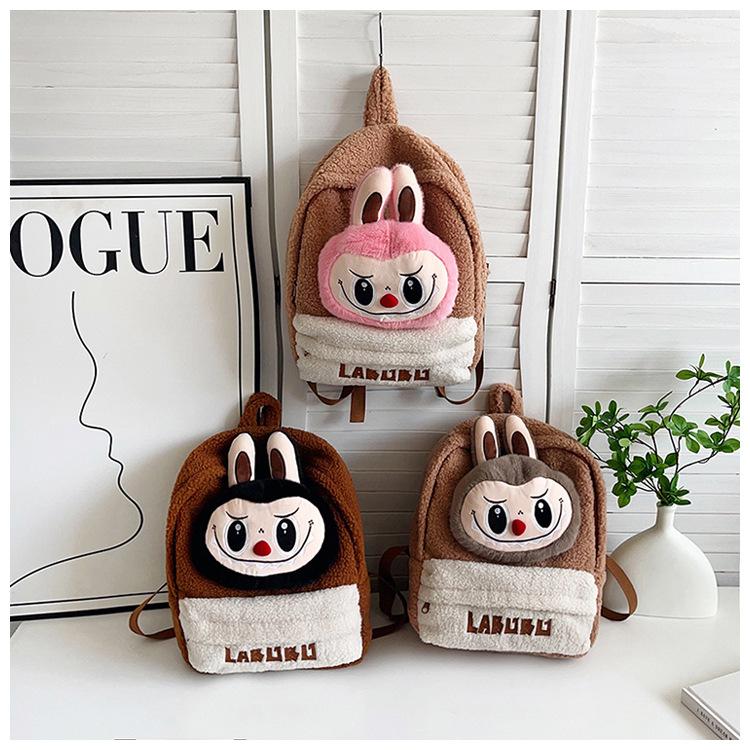 Labubu Cartoon Campus Backpack Plush Bag Cute Lamb Hair Cute Doll Shoulder Large Capacity Pain Bag