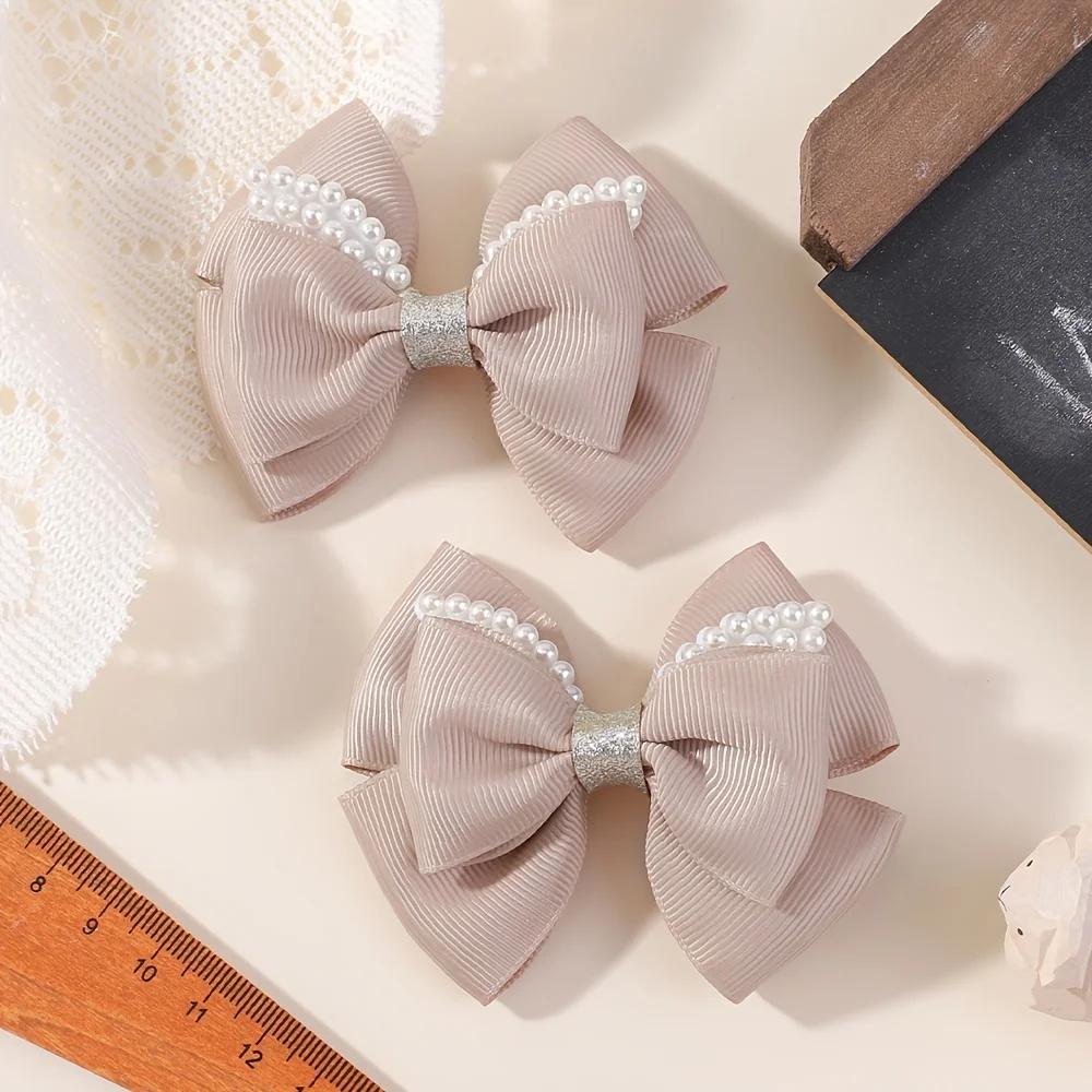 RAINBOW BOWS 2Pcs Retro Wine Red Bowknot Pearl Boutique Hair Clips Girls Ribbon Delicate Barrette Palace Princess Style Headwear