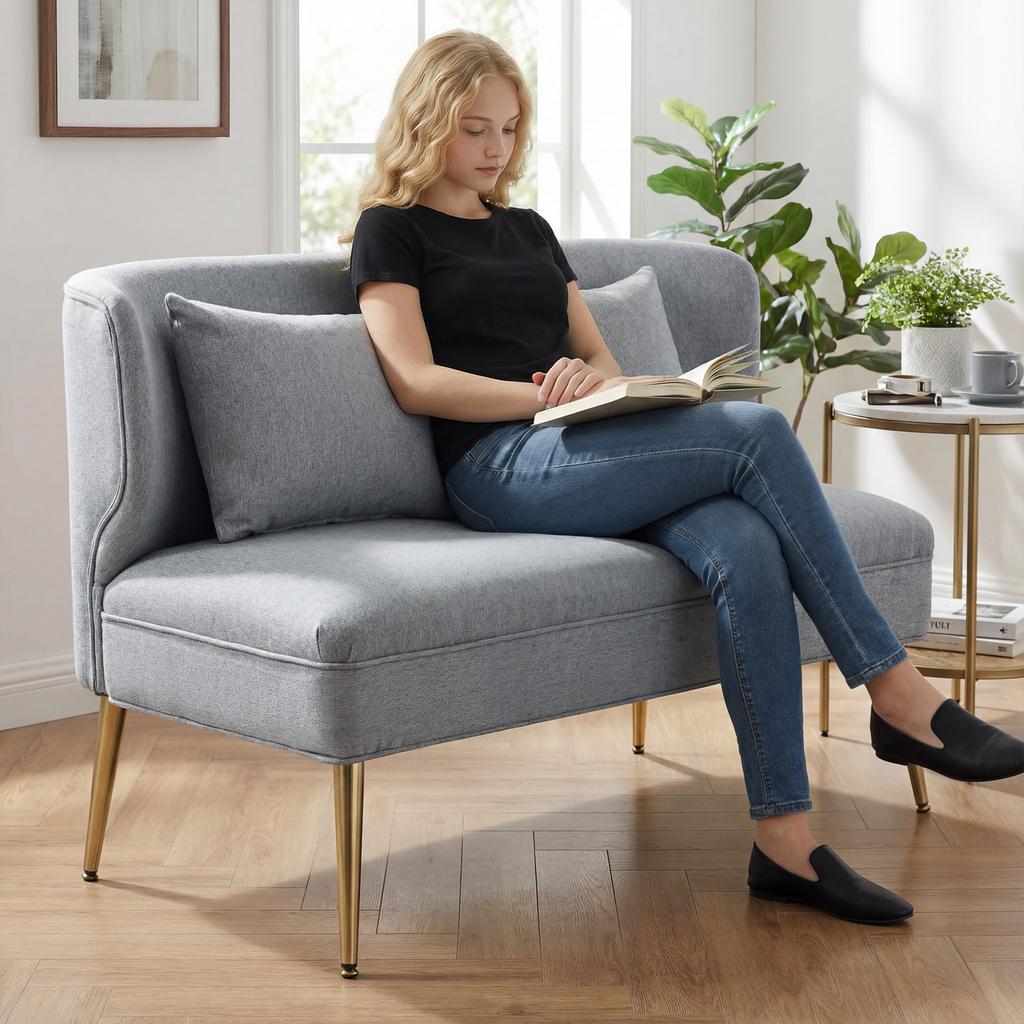2 Seater Sofa, Linen-look Fabric Small Sofa with Wing Back, Thick Seat, Metal Legs, Light Grey