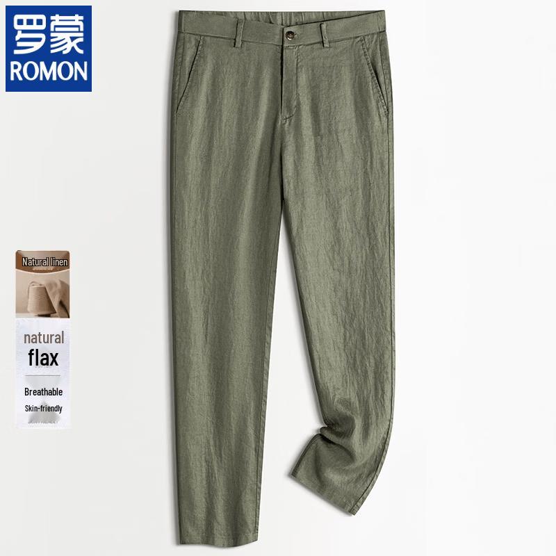 ROMON Men s Pure Linen Elastic Waist Straight-Leg Pants L