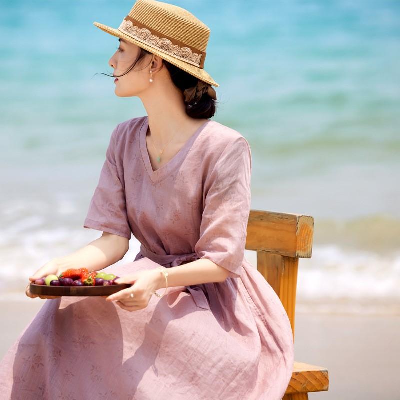 Johnature Woman Autumn Short Sleeves Dress Vintage Solid Color Loose Chinese Style V-Neck Dress