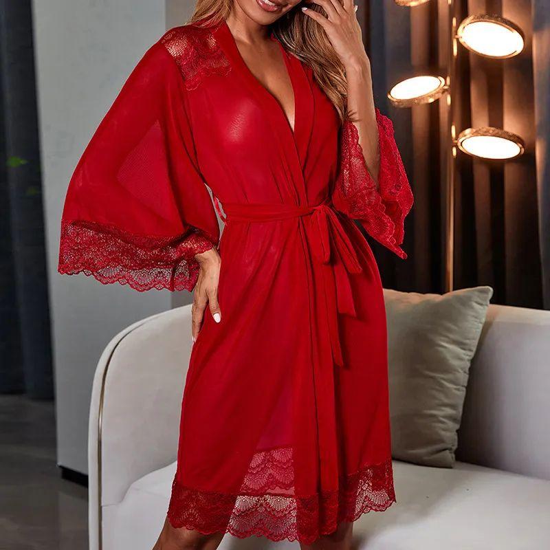 2025 Cross-Border Fashion Style Thin Mesh Nightgown/See-through Bathrobe Sexy Lace Stitching Outerwear Gown/Bridal Gown