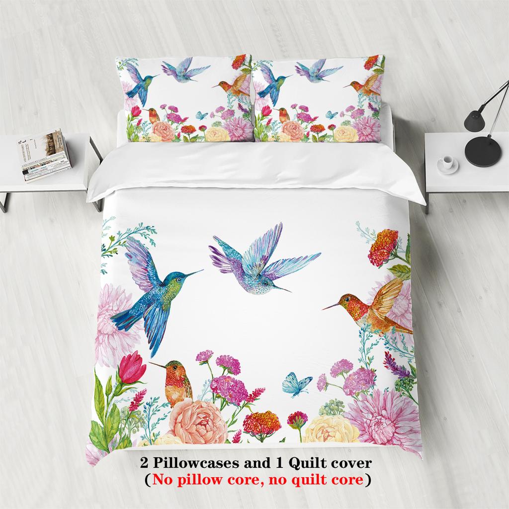 3-piece set of natural floral hummingbird pattern print (1 duvet cover+2 pillowcases, no core) soft and comfortable bedding set